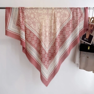 Ethnic retro pink large scarf with geometric patterns and fringe tassels for travel