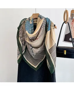 Detail of printed cotton-linen scarf showing geometric patterns and fine silk texture