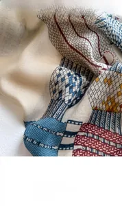 Detailed macro view of linen-touch scarf featuring colorful hot air balloon prints