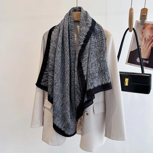 Black and white patterned 130cm silk scarf for women styled with a beige blazer