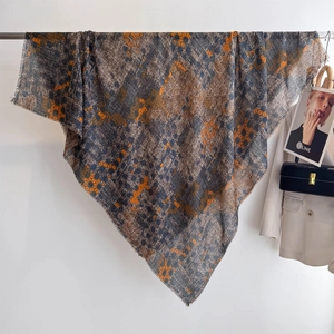 Ethnic floral cotton linen square scarf in dark grey with blue and orange patterns