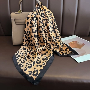 Leopard Print Square Scarf Satin Polyester Satiny Neckerchief Women Black Border Professional Office Sun Protection Fashion