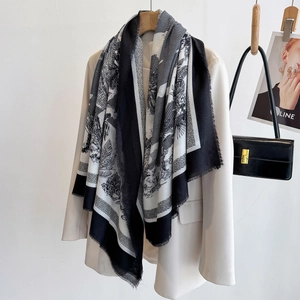 Classic Toile de Jouy print black and white large scarf shawl with frayed fringe edges