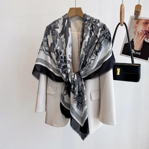 Classic black and white forest print linen square scarf with fringe for women