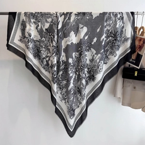 Classic black and white tropical palm leaf print large square scarf with fringed edges