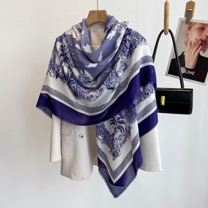 Classic Toile de Jouy print square scarf with frayed edges on a minimalist background