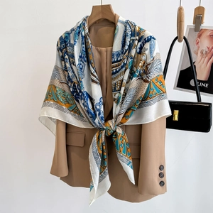 Elegant 130cm silk scarf with blue and yellow patterns draped over a stylish blazer