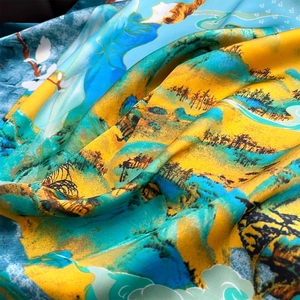 Elegant landscape art print silk scarf for women featuring traditional mountain patterns