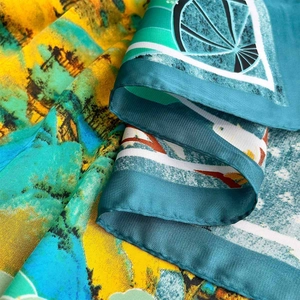 French style silk square scarf with colorful abstract landscape and geometric pattern