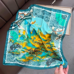French style silk square scarf with elegant mountain landscape painting and floral pattern