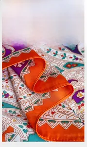 Close-up of precise stitching and premium edge craftsmanship on vintage paisley silk scarf