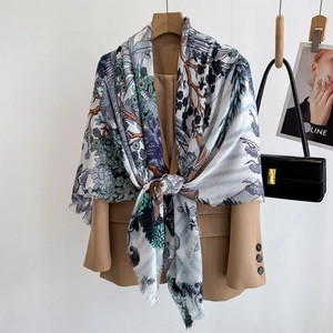 Elegant floral print oversized scarf shawl for women with nature motifs and blue-green tones
