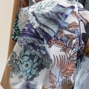 Elegant floral print shawl with soft eyelash fringe edge and breathable texture
