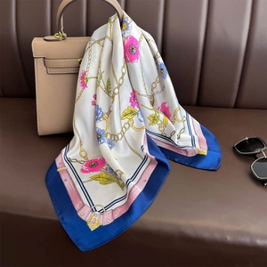 Elegant Satin Square Scarf Floral Chain Print Satin Feeling French Style Versatile Head Neck Wrap For Women