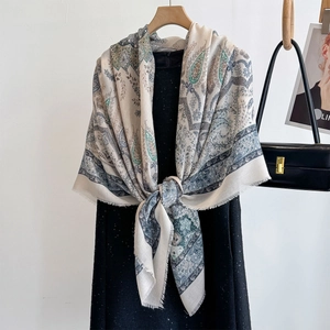 Ethnic paisley print shawl in beige and blue with fringe for stylish women outfits