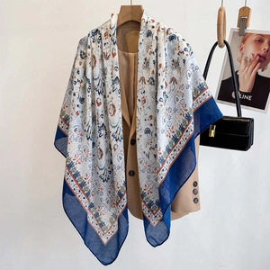 Large Square Scarf Polyester Cotton Linen Feel Paisley Floral Print Sun Protection Lightweight Vintage Shawl Wrap For Women
