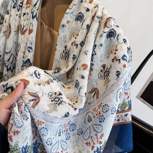 Bohemian floral printed cotton-linen shawl with blue trim for beach sun protection