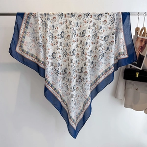 Floral print oversized cotton-linen feel square scarf and shawl for sun protection