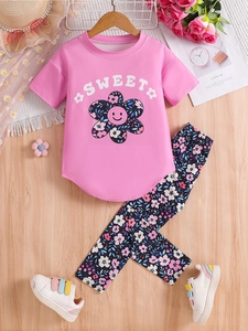 Girls Summer Outfit Polyester Pink Short Sleeve Top With Sunflower Sweet Letter Print Floral Long Pants Casual Clothing