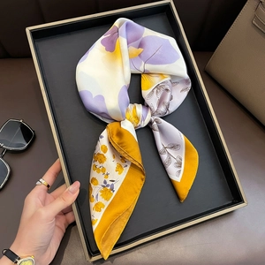 Floral satin silk-like square scarf with yellow and purple flowers for stylish women
