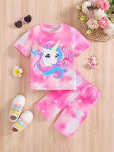 Ensemble d'Été pour Filles en Mélange de Coton Tie-Dye Rose avec T-Shirt Licorne et Short pour Enfants