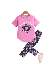 Pink round neck T-shirt with 'SWEET' print and floral pants casual set for girls