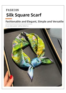Detailed view of 100% mulberry silk scarf with colorful abstract oil painting patterns