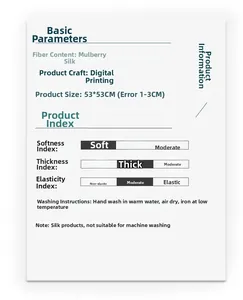 Detail chart of 100% mulberry silk scarf showing digital print specs and wash care info