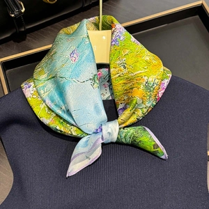 Pure Mulberry Satin Square Scarf Elegant Impressionist Oil Painting Floral Print Versatile Neck Head Wrap Accessory For Women