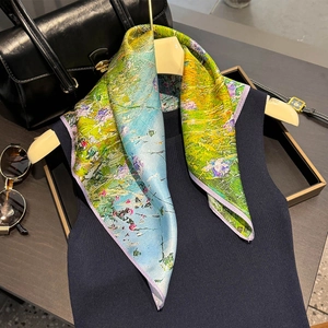 Artistic oil painting style 100% mulberry silk square scarf styled with accessories