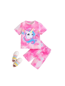 Ensemble tie-dye rose pour filles avec t-shirt licorne et short assorti pour l'été