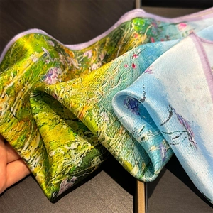 Artistic oil painting style 100% mulberry silk scarf with vibrant floral patterns