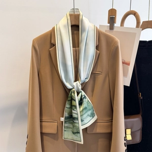 Elegante sciarpa lunga in seta con stampa artistica verde su un blazer marrone