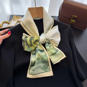 Sciarpa Lunga Sottile Da Donna In Raso Effetto Raso Con Stampa Paesaggio Verde Cravatta Fascia Per Capelli Nastro Borsa