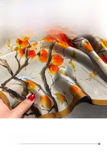 Detailed view of luxury silk scarf showing fine stitching and classic persimmon pattern