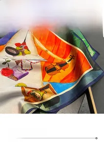 Detail shot of the exquisite hand-rolled edges and artistic oil painting silk scarf texture
