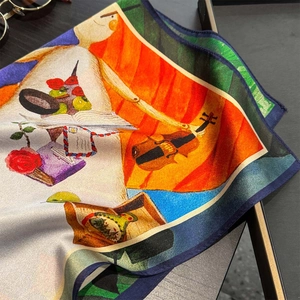 Artistic silk square scarf with colorful illustration and premium rolled edges