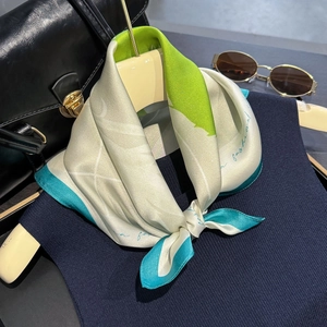 Elegant white floral silk scarf with green flower pattern and navy blue border
