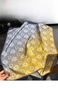 Detail of silk scarf with vintage mandala pattern in purple and yellow gradients