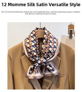Detail of 12mm silk satin scarf with geometric pattern tied on a camel blazer lapel