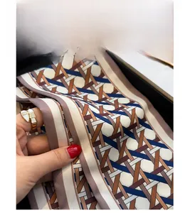 Detail of double-layered geometric pattern silk scarf with premium stitched edges
