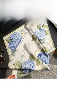 Detail of silk square scarf featuring blue hydrangea print and light green borders