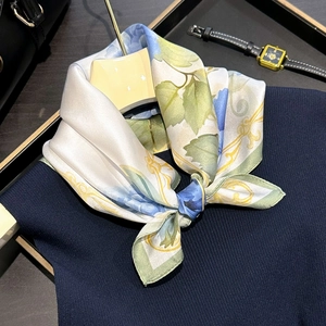 Elegant oil painting floral silk scarf with baroque gold patterns on white display