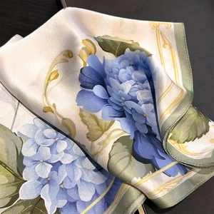 Elegant 100% mulberry silk square scarf with blue hydrangea floral pattern and green border
