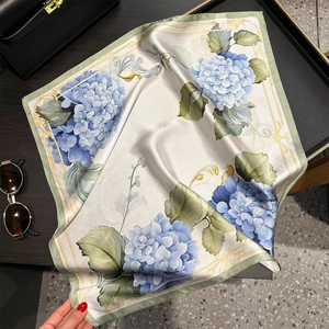 Elegant 100% mulberry silk square scarf with blue hydrangea pattern and gold border detail