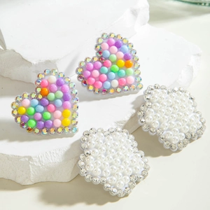 Boucles d'oreilles cœur à la mode avec perles macaron colorées et strass scintillants