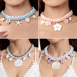 Bohemian Shell Braided Necklace Choker With Resin Flower Charms Beach Vacation Jewelry For Women Handmade Style