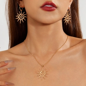 Collier Pendentif Soleil Et Boucles D'oreilles Cuivre Résine Martelé Spirale Bohème Vintage Chic Bijoux De Mode Pour Femmes