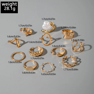 Flat lay of 11-piece gold alloy rings set featuring baroque pearls and geometric textures