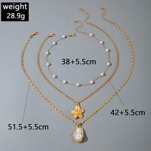 Detailed specs of 3-layer gold starfish flower and pearl necklace set with chain lengths